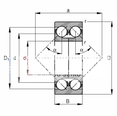 角接触球轴承 3315, 根据 DIN 628-3 标准的主要尺寸，双列，带填球槽，接触角 α = 35°