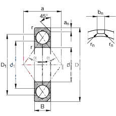 四点接触球轴承 QJ322-N2-MPA, 根据 DIN 628-4 的主要尺寸， 可以拆卸，剖分内圈，带两个止动槽