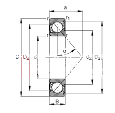 角接触球轴承 7307-B-2RS-TVP, 根据 DIN 628-1 标准的主要尺寸，接触角 α = 40°，两侧唇密封